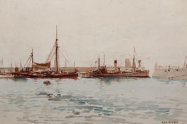 Adrian Hill, Shipping in a busy port, signed, gouache, 32 x 50.5cm, together with another of boats