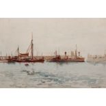 Adrian Hill, Shipping in a busy port, signed, gouache, 32 x 50.5cm, together with another of boats