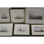 Six 19th Century and later prints of marine views and ships of the line. Some hand coloured.