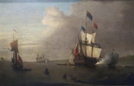 Peter Monamy (1681-1749), Men of war firing a salute in a bay with figures and other vessels, oil on