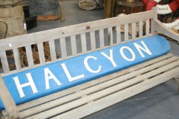 A boat name plate "Halcyon"