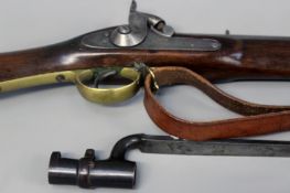 A two band Enfield type percussion rifle. Lock marked Mo.Mo. Complete with bayonet and together with