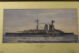 A pen ink and watercolour study of HMS Warspite. Circa 1918