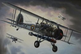 A Chris Gold (AFC) (1987), Oil on canvas study of a Farey swordfish torpedo plane “Bad weather and