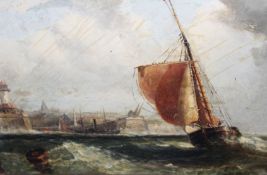 Circle of John Moore of Ipswich (1820-1902), A fishing boat off Calais with a paddle steamer