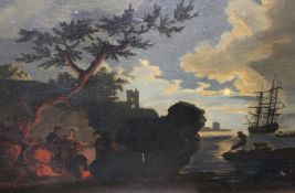 Continental School (19th Century), Figures round a campfire, a ship moored in a bay beyond, oil on