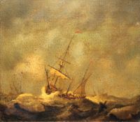 Follower of Peter Monamy, Shipping in heavy seas, oil on canvas, 17.5 x 22cm, together with an oil