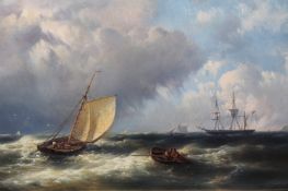 Abraham Hulk Senior (Dutch 1813-1897), Fishing boats and a three-master in heavy seas, oil on panel,