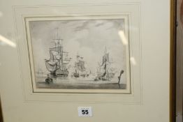 John Greenwood (1727-1792), Shipping at anchor, watercolour en grisaille, 15 x 20cm, Ex collection