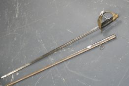 A French Officer’s sword with straight fullered blade, wire bound grip and pierced brass basket