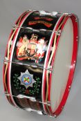 A military bass drum to the Irish Guards, the body hand painted with the Royal Arms, regimental