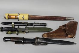 Four various military bayonets and a leather revolver holster. Stamped Fried Biguer - Bern.