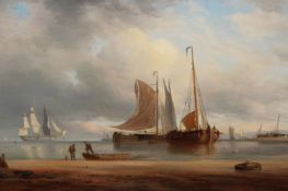 Attributed to William Anderson (1757-1837), Fishing boats in a calm estuary at sunset with a