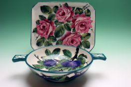 A Wemyss dressing table tray decorated with roses, 25cm x 20cm and a Wemyss quaiche decorated with