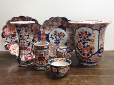 A group of antique and later Japanese Imari porcelain. Includes two chargers, four vases and a