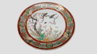 A large Japanese charger. Outer border of brocaded roundels, flowers and insects. Central