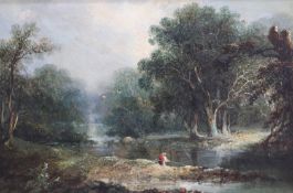 Attrib. George Armfield, River landscape wtih fisherman, oil, 20 x 29cm.