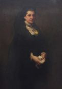 English School (19th Century), Full length portrait of a woman in black dress and companion of a