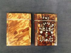 A Victorian Blonde tortoiseshell card case and another with inlaid mother of pearl floral design. (