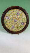 A Chinese export ware famille jaune circular plaque in wooden frame. 28cm diameter together with two