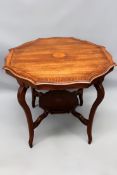 An Edwardian inlaid mahogany centre table of shaped octagonal form. Swept legs and platform