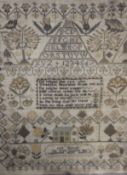 A William IV sampler by Jane Howell aged 12, May 1836 worked with verse surmounted with trees, a