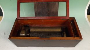 A 19th Century lever wind cylinder music box playing three airs, in plain walnut case.