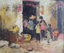 Chinese School (20th Century), Children in a shop doorway, signed lower right, oil on canvas, 24.5 x