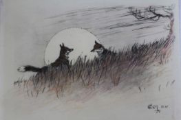 After Cecil Aldin (1870-1935), Two foxes at full moon, watercolour over stencil on ivorine, 10.5 x