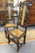 A pair of carved Carolean style high back hall chairs. Cane seats and backs.