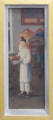 Chinese School, Portrait of a servant boy carrying a bowl of fruit in an interior, oil on canvas,
