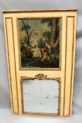 A French antique trumeau carved over mantel mirror. Painting of young lovers above mirror plate with