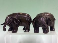 Two late 19th Century Japanese inlaid bronze models of elephants. 13cm long x 9cm high.