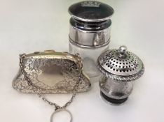 A George IV silver pounce pot. London 1826. Maker Charles Fox. A silver and tortoiseshell mounted