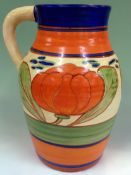 A Clarice Cliff Fantasque pottery lotus jug. Orange lilly pattern. 30cm high.