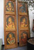 A pair of Indian polychrome panels. Each with three inset portraits of veiled maidens. 180 x 45cm.
