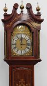 An early 20th Century mahogany and inlaid longcase clock. 3 train 8 day movement chiming on 8 bells.