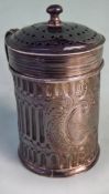 An early silver pounce pot with repousse ribbed cylindrical body, reeded loop handle. London 1697.