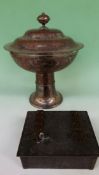 A silvered copper Arts and Crafts covered comport. Overall grape vine decoration. Tapered base. 25cm