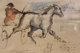 Constantin Hagondokoff (b.1934), French, Harness racing, signed and inscribed, watercolour, 24.5 x