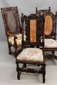 Four carved Jacobean style chairs. Some with figural decoration, cane seats and backs (includes an