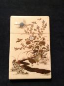 A fine Japanese ivory card case with shibyama designs, inset with gilded medallions insect and
