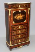 A 19th Century Continental secretaire abattant. Marble top over ebony and burr walnut and boxwood