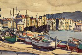 Ethelbert White (1891-1972) (ARR), Harbour scene with fishermen and boats, mountains beyond, signed,