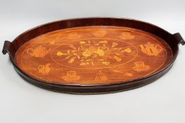 A George III fruitwood, mahogany and marquetry inlaid gallery tray with brass banding.