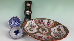 A 19th Century Cantonese oval dish 26 x 23cm, a blue and white tea bowl a small blue and white dish,