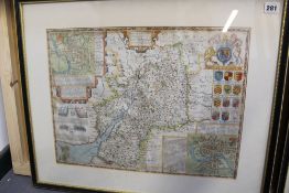 A 17th Century hand coloured map of Gloucestershire by John Speed. 38 x 50cm.