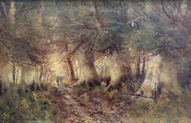 Lascelles (?) (19th Century), “Silver Beeches” figures on a wooded path, indistinctly signed, oil on