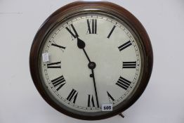 A Victorian mahogany wall clock, white painted 111⁄2inch dial with roman numeral, unsigned, single