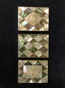 Three Victorian mother of pearl and abalone set card cases. (3)